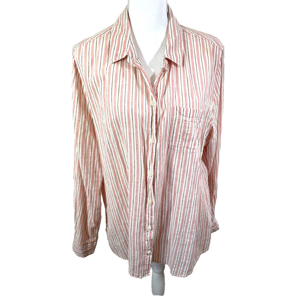 Beach Lunch Lounge Pink Stripe Button Up Long Sleeve Pocket Blouse Sz XL